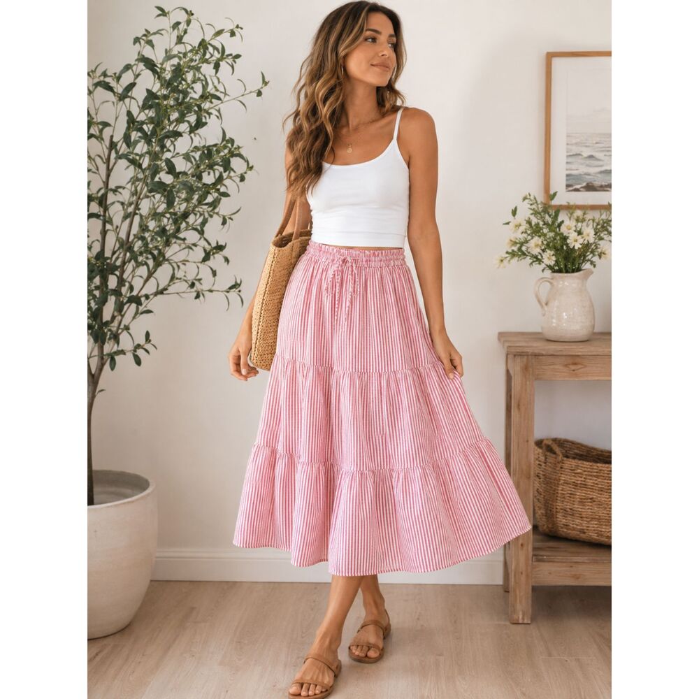 Tiered Cotton Midi Skirt Size Small Cute Stripes Resortwear Preppy Coastal